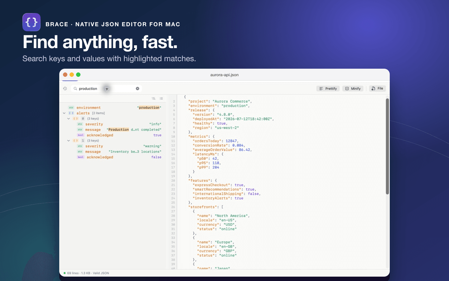 Brace searching a JSON document with matching tree items highlighted