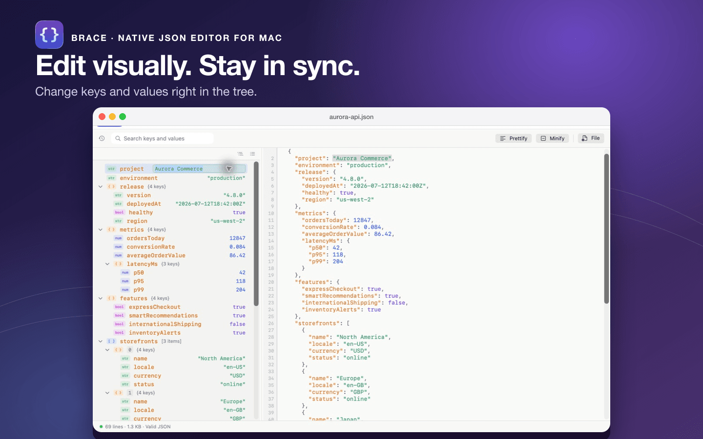 Brace editing a value inline in the JSON tree view