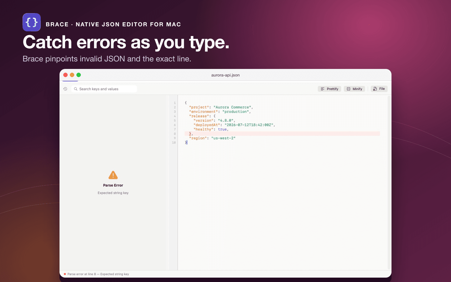 Brace showing a JSON parse error with line information in the status bar