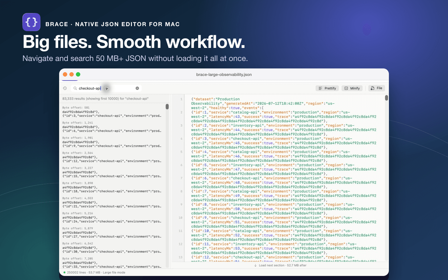 Brace navigating a large JSON file in large-file mode