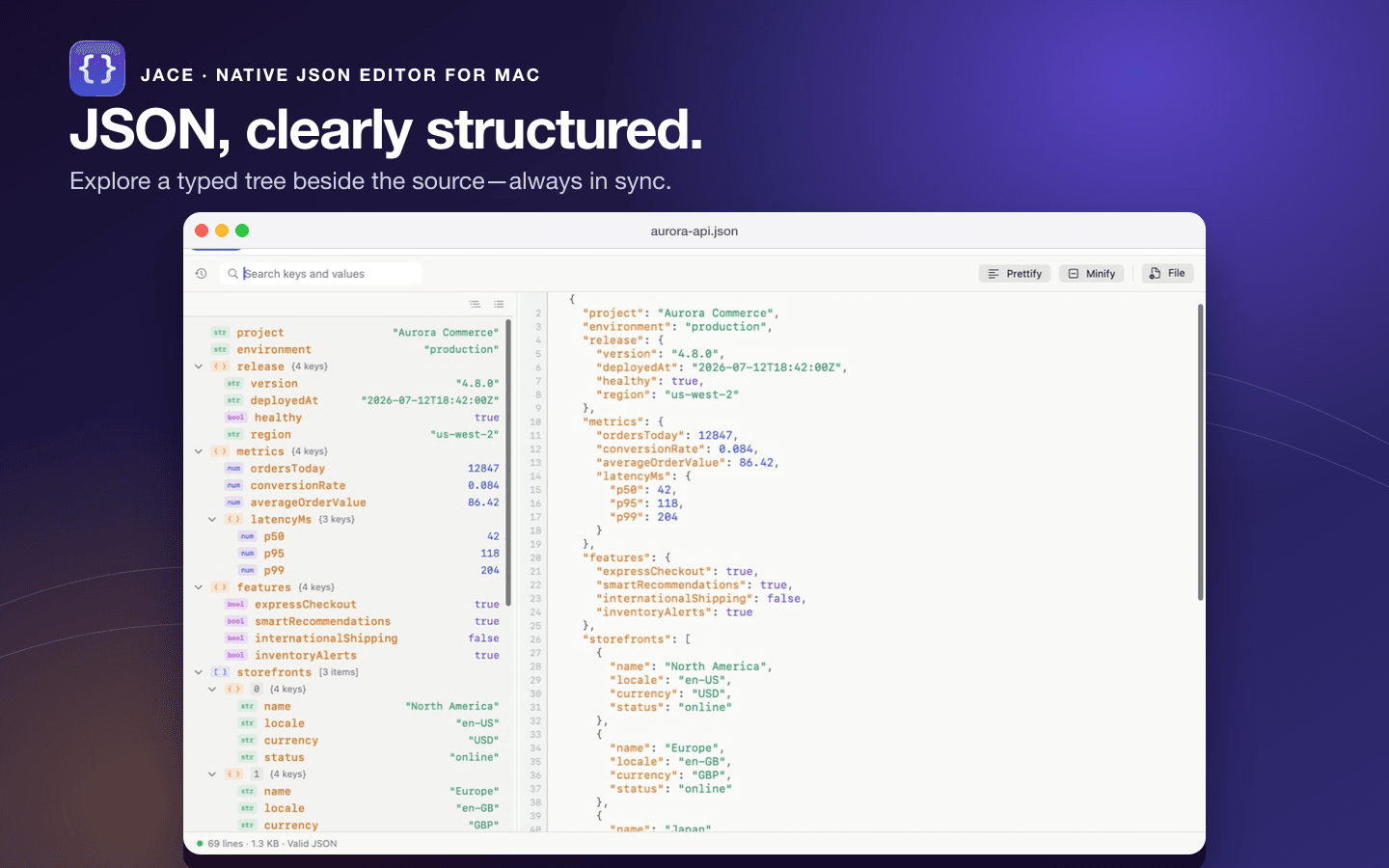 Jace showing a JSON document in a synchronized tree and source editor