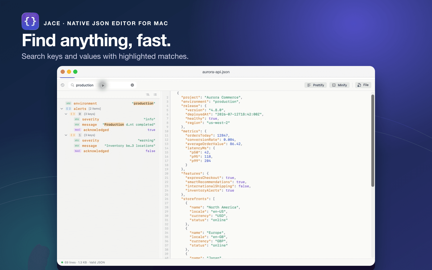 Jace searching a JSON document with matching tree items highlighted