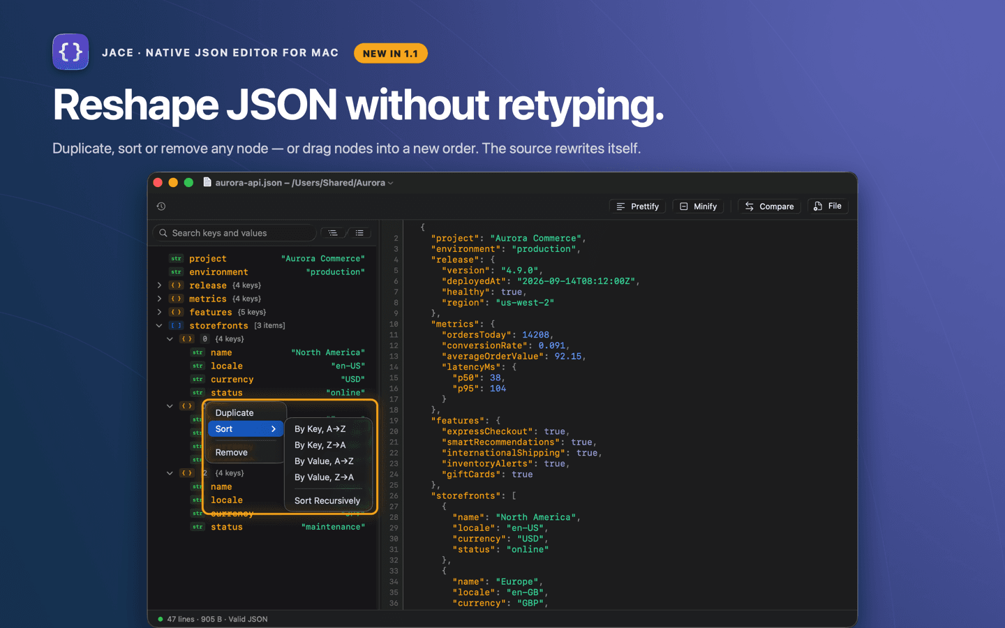 Jace tree context menu with the Sort submenu open