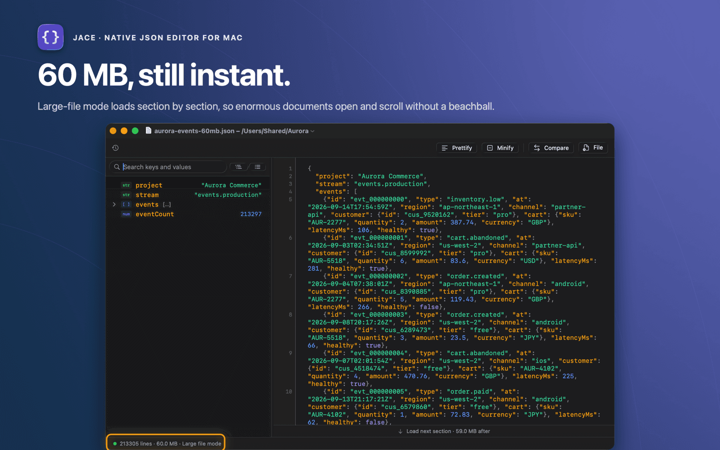 Jace navigating a 60 MB JSON file in large-file mode